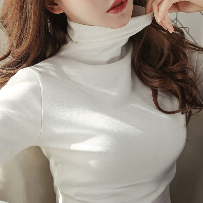 Women High Neck Shirt Long Sleeve T-shirt Turtle Neck Solid Color Muslimah Inner Baju Lengan Panjang